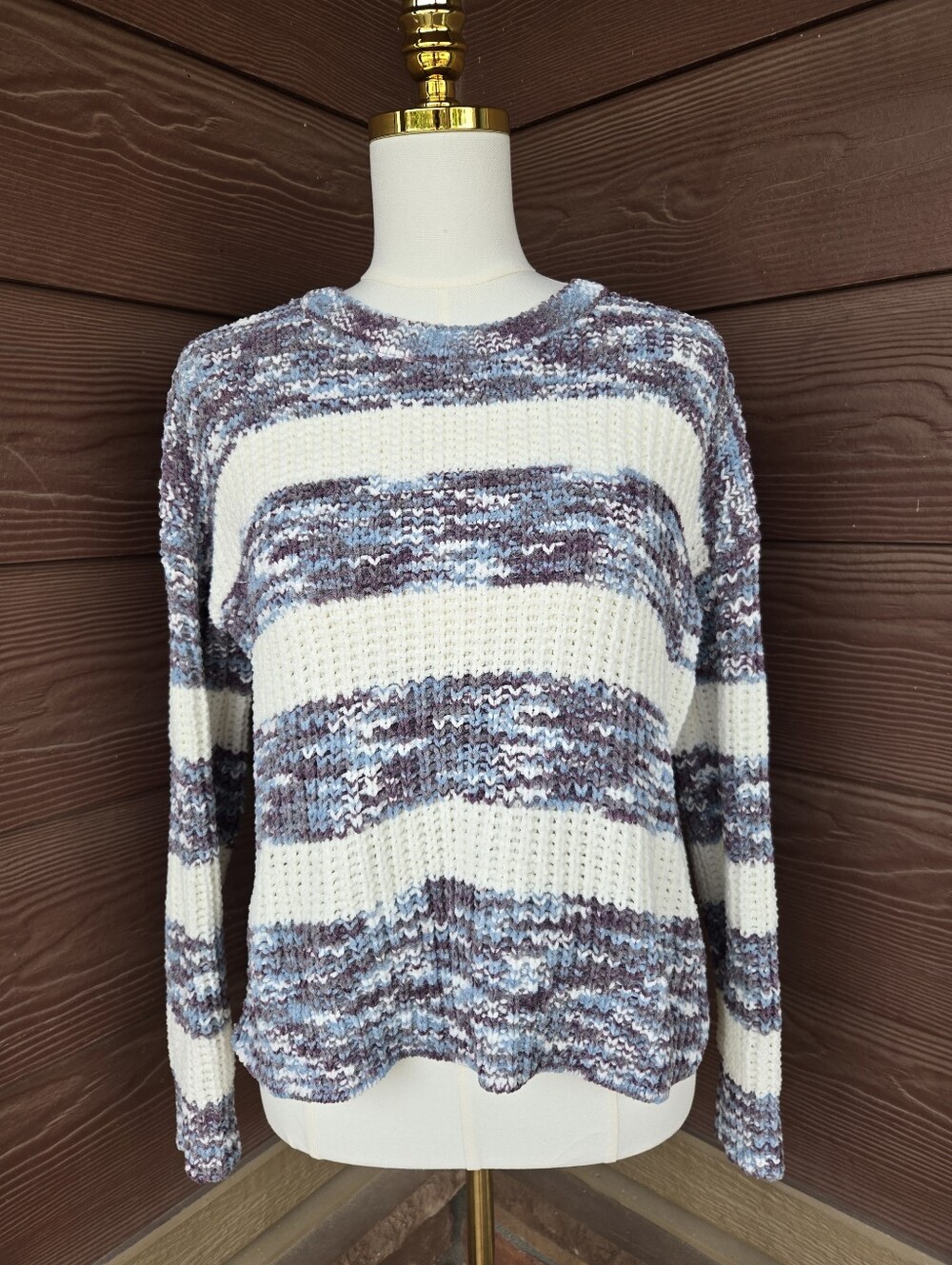 SO Striped Waffle‑Knit Crewneck Sweater in Cream, Blue & Purple – Medium